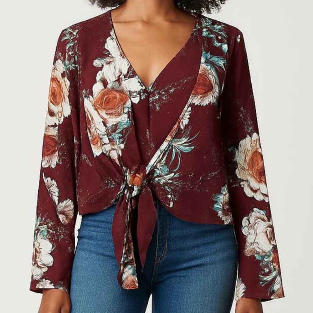 Arc & Co Burgandy Floral Long Sleeve Blouse, size medium New!